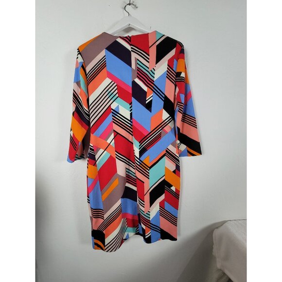 Wesleerose Colorful Geometric Print Long-Sleeve V-Neck Shift Dress Large Stretch - Picture 2 of 8